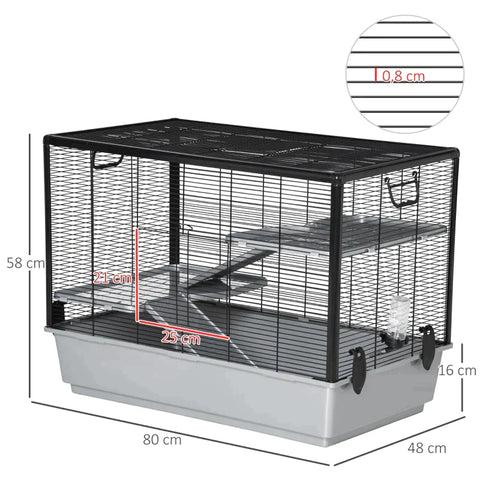 Rootz Small Animal Cage - Small Animal Hutch - Pets Cage - Small Animal Enclosure Rodent Cage - With Ramp - Steel/Aluminum - Plastic Black/Grey - 80 x 48 x 58 cm