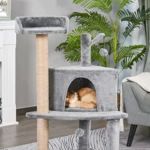 Rootz Cat Tree - Scratching Post With Play Balls - Cat House - Jute Column - Grey - L50x W40 x H112 cm