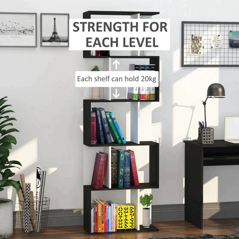 Rootz Bookshelf - 5-tier Bookshelf - S-shaped Bookcase - Shelving Unit - Black
