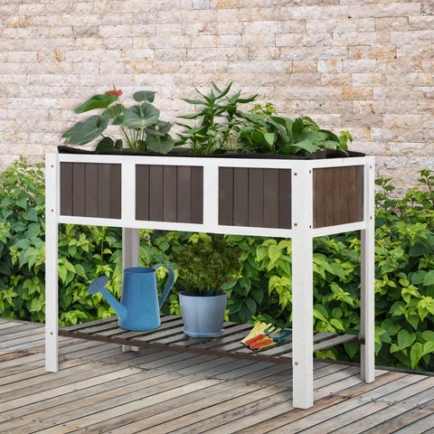 Rootz Raised Bed - Planting Table - Gardening Table - Wooden Garden Beds for Vegetables - Flowers Planters with Shelf - White/Grey - 119 x 57 x 89 cm