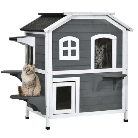 Rootz Kattenhuis - Kattenhut - Kattenhuis met 2 verdiepingen - Waterdicht Kattenhuis - Asfaltdak - Dennenhout - Grijs - 78 x 55,5 x 91 cm