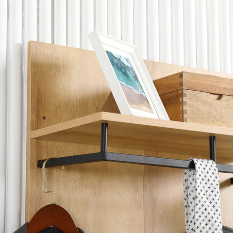 Rootz Wardrobe With Shoe Bench - 1 Hat Rack - 4 Coat Hooks - Chipboard - Steel - Natural + White - 60L x 28W x 120H cm