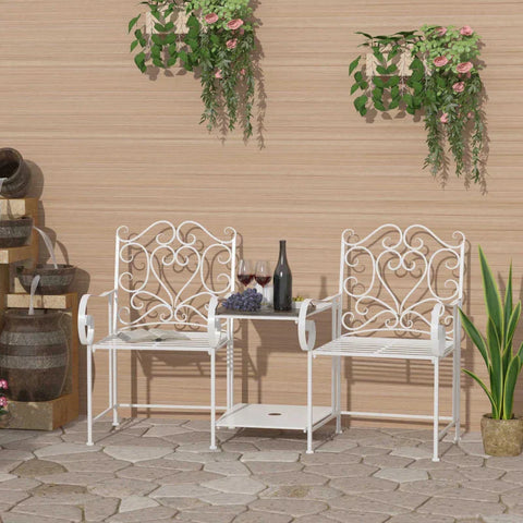 Rootz Metal Chair - Metal Bench With Table - Home - Balcony - Garden - White - 160L x 61W x 96H cm