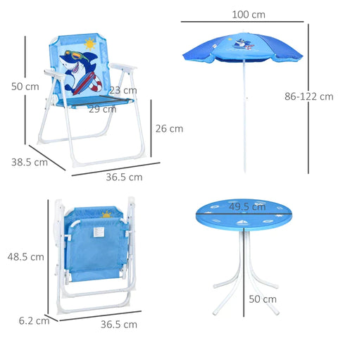 Rootz 4-teiliges Kindermöbel-Set – Gartentisch – 2 Klappstühle – Sonnenschirm – Camping-Kindersitz-Set – Gartenmöbel – Blau – Ø49,5 x 50 H cm