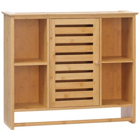 Rootz Bathroom Cabinet - Bamboo Bathroom Cabinet - Bathroom Shelf - Bathroom Storage Cabinet - 4 Shelves 1 Cabinet - Louvered Doors - Bamboo - Natural - 65cm x 17.8cm x 54.6cm