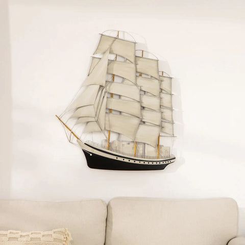 Rootz Metal Wall Decor - 3D Wall Decor with Sailing Ships - Wall Decoration - Black + White - 79cm x 3cm x 89 cm