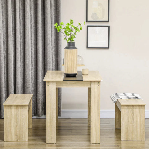 Rootz 3 Pcs. Dining Group - Table And Two Benches - Classic Design - Wood Look - Chipboard - Oak + Black - 119cm x 70cm x 75cm