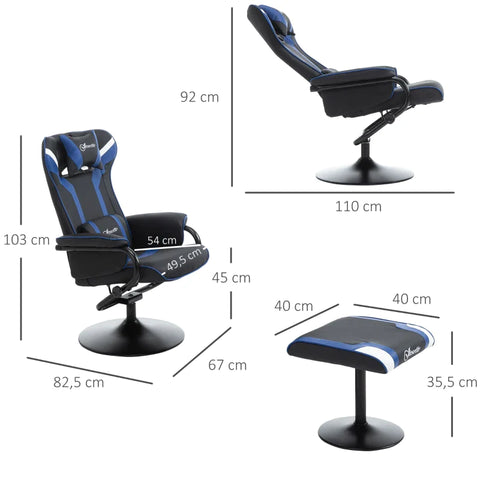 Rootz Relaxation Chair - Footstool - Including Headrest - Lumbar Cushion - Backrest Adjustable - Plastic+steel - Dark Gray + Blue - 67W x 82.5D x 103H cm