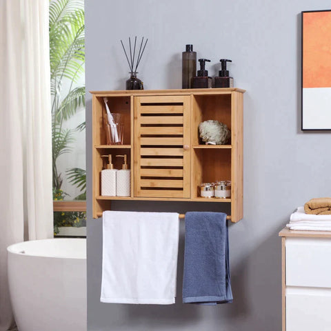 Rootz Bathroom Cabinet - Bamboo Bathroom Cabinet - Bathroom Shelf - Bathroom Storage Cabinet - 4 Shelves 1 Cabinet - Louvered Doors - Bamboo - Natural - 65cm x 17.8cm x 54.6cm