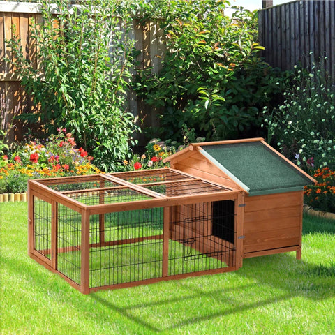 Rootz Small Animal Hutch - Wooden Rabbit Hutch - Rabbit Cage - Pet House - Openable Run & Roof Slide-out Tray - 58" x 37" x 27"