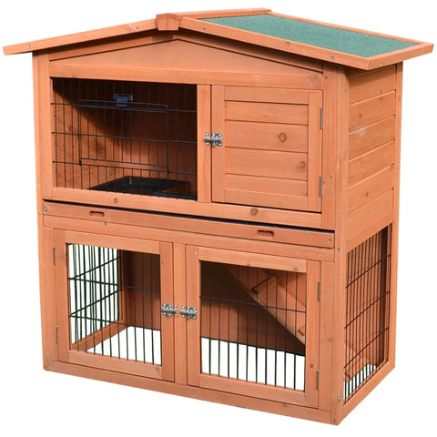Rootz Dwarf Rabbit Hutch - Small Animal Hutch - Two Tier Structure With Slide - Fir Wood - Light Red - 100.5 x 55 x 101 cm
