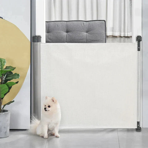 Rootz Pet Gate - Stair Gate - Extendable Door Gate - Roll One-hand Operation Door Gate - Stair Protection Barrier Gate For Dog - Door Protection - White - 140 x 10.5 x 88 cm