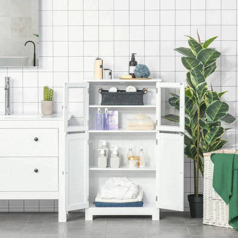 Rootz Bathroom Cabinet - Compact Bathroom Cabinet - Storage Cabinet - 2 Storage - Glass Doors - Shelf - Protective Coating - White - 60 x 30 x 108.5 cm