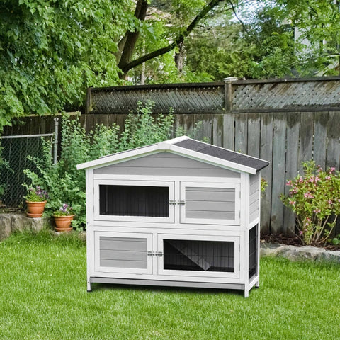 Rootz Knaagdierenhok - Knaagdierkooi - Caviahok - Ontwerp met 2 niveaus - Dennenhout - Grijs + Wit + Zwart - 121,5 x 57 x 104,5 cm