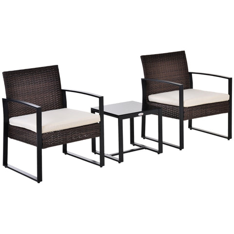 Rootz Seating Group - Seating Lounger - 3-part Set - Coffee Table - Chair - PE Poly Rattan - Metal - Polyester - Brown + Cream - 63 cm x 57 cm x 76 cm