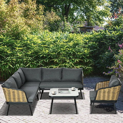 Rootz Garden Furniture Set - For 5 People - Rattan Seating Group With Cushions - Balcony Furniture - Corner Sofa - Armchair - Coffee Table - Grey - 123L x 49W x 47H cm