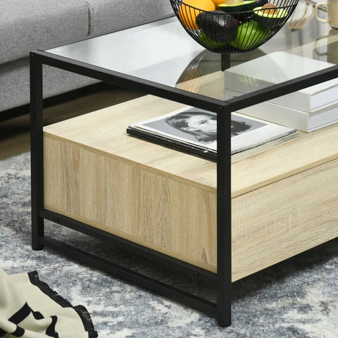 Rootz Coffee Table - Modern Design - 2 Drawers - 2 Shelves - Black Steel Legs - Side Table - Chipboard - Natural + Black - 118L x 58W x 47H cm