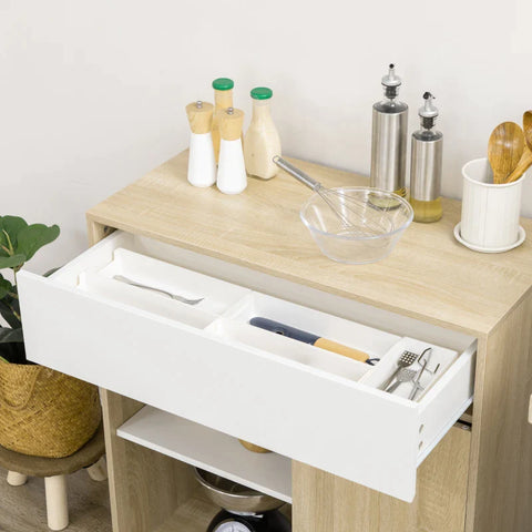 Rootz Rolling Cabinet - Drawer - Storage Compartment With Door - Open Shelf - White + Wood - 81 x 39.6 x 90.3 cm