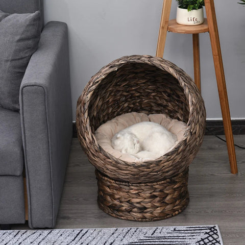 Rootz Water Hyacinth Cat Basket with Cushion - Cat Bed - Cat House - Pet Bed - Brown + Beige - 50cm x 42cm x 60cm