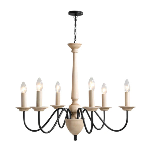 Rootz Chandelier - Hanging Lamp - 6 Lights - Pendant Light - Pendant Light With Glass - Steel - Black/Wood - 60 x 60 x 105 cm