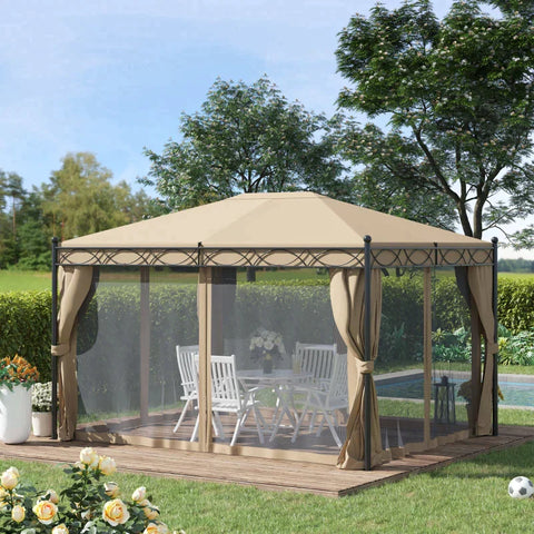 Rootz Gazebo - Gazebo With Side Walls And Mosquito Net - Metal - Polyester - Beige - 4 x 3 m