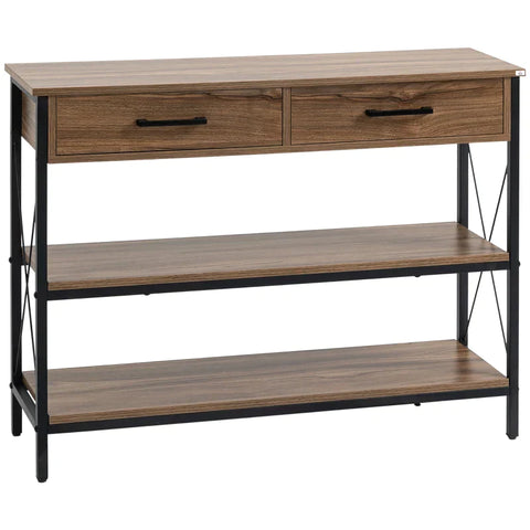 Rootz Console Table In Industrial Design - 2 Drawers - 2 Shelves - Wood Material - Brown + Black - 102 cm x 31 cm x 78 cm