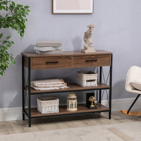 Rootz Console Table In Industrial Design - 2 Drawers - 2 Shelves - Wood Material - Brown + Black - 102 cm x 31 cm x 78 cm