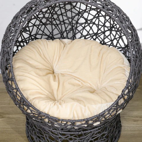 Rootz Cat Basket - Cat Cave Including Cushion - 2-part - Cat Bed - Polyester Rope - Cream White + Brown - 50 cm x 50 cm x 60 cm