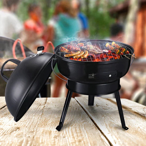 Rootz Charcoal Grill - Kettle Grill - Charcoal BBQ Grill - Windbreak Tripod Base - Camping - Picnic - Portable - Metal - Black - Ø36.5 x 54 cm