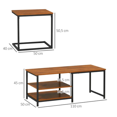 Rootz Side Table Set - Small Nesting Table - Two Shelves - Steel Frame - Wood Look - Chipboard - Natural + Black - 110 x 50 x 45cm