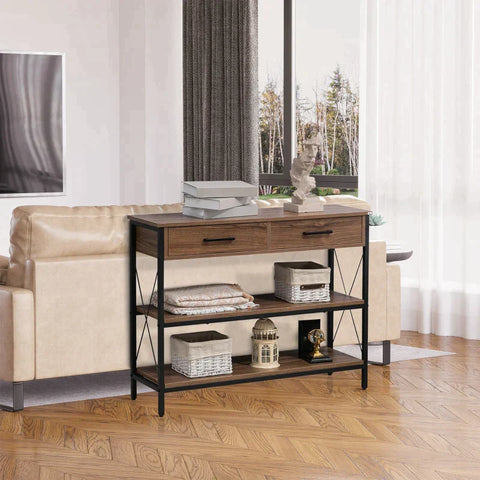 Rootz Console Table In Industrial Design - 2 Drawers - 2 Shelves - Wood Material - Brown + Black - 102 cm x 31 cm x 78 cm
