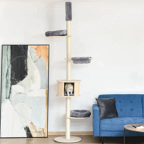 Rootz Krabpaal - Krabpaal - Klimboom voor hoog plafond - Houten kattengrot - Sisal pluche - In hoogte verstelbaar - Grijs - 50 x 50 x 232-252 cm