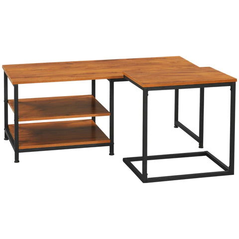 Rootz Side Table Set - Small Nesting Table - Two Shelves - Steel Frame - Wood Look - Chipboard - Natural + Black - 110 x 50 x 45cm