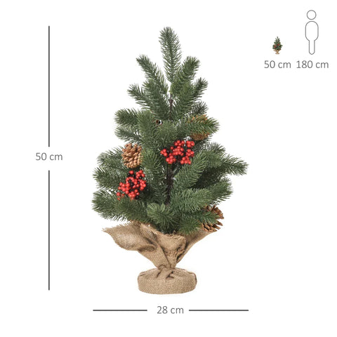 Rootz Mini Christmas Tree With Pine Cones - Red Berries - 50 Cm High - Including Cement Base - Green - 28c m x 28 cm x 50 cm