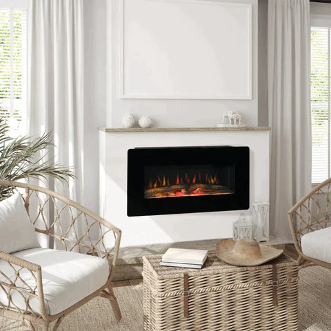 Rootz Electric Fireplace - Freestanding Fireplace Stove with Flame Effect - Metal - Tempered Glass - Black - 91.4 x 11 x 44 cm