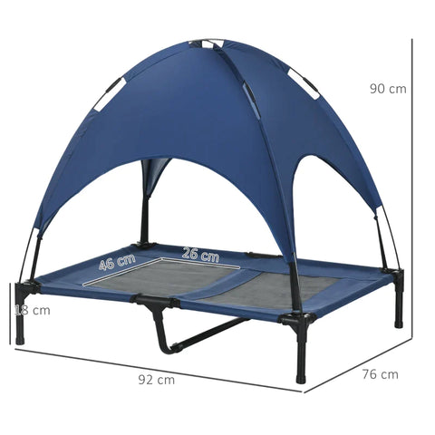 Rootz Dog Bed - Canopy Outdoor - Stylish Pet Bed - Breathable Mesh Fabric - Folding Raised Stand - Lightweight Metal Frame - Blue + Black - L92 x W76 x H90 cm