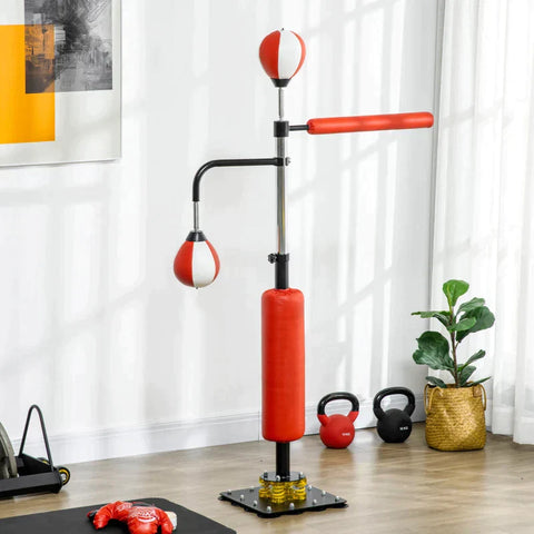 Rootz Boksstandaard - Twee Speedballs - Draaibare Boksstang - Kick Pad - In hoogte verstelbaar - Staal - Zwart/Rood/Wit - 84 x 36 x 140-205cm