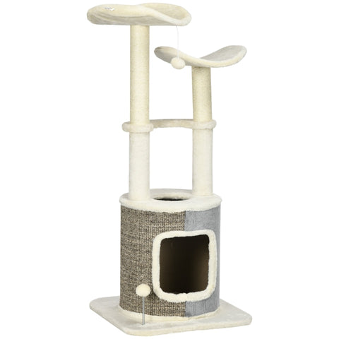 Rootz Scratching Post - With Cat Cave - Cat Tree - Two Platforms - Two Scratching Posts - Plush Cover - Creamy White - 48 x 48 x 110cm