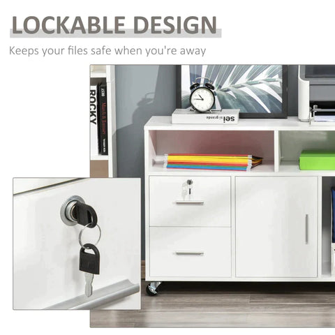 Rootz archiefkast - kantoorkast - kantoorcontainer met wielen - printerstandaard - opbergorganizer met afsluitbare lade - slaapkamer - woonkamer - wit - 100 x 35 x 65 cm