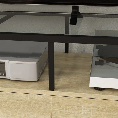 Rootz Tv Bench - Industrial Design - 3 Cabinets - 3 Open Shelves - Glass Top - Easy To Clean - Wood Material - Natural + Black - 148L x 40W x 47H cm