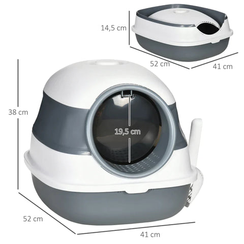 Rootz Cat Litter Box - With Litter Scoop - Entrance With Floor Grid - Removable Lid - White + Gray - 52 x 41 x 38 cm