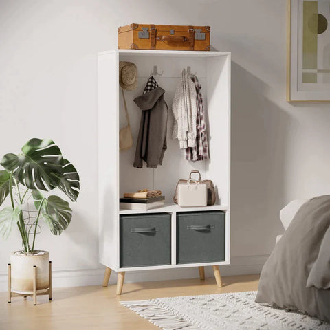 Rootz Wardrobe - 3 Hooks - 2 Fabric Drawers - Nordic Design - White + Grey - 61 x 29.6 x 132cm