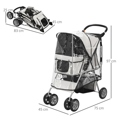 Rootz Foldable Pet Buggy - Dog Buggy - with 1 Basket - 2 Cup Holders - Gray - 75cm x 45cm x 97cm