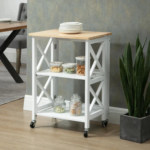Rootz Kitchen Trolley - Serving Trolley - Kitchen Cabinet - Foldable - MDF/Rubber Wood - White - 60 x 40 x 84 cm
