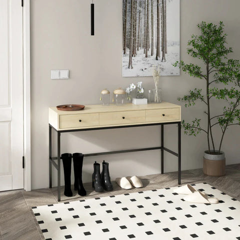 Rootz Consoletafel - Industrieel Design - 3 Laden - Sofatafel - Waterdicht - Haltafel - Stalen poten - Naturel + Zwart - 120L x 39,8W x 78H cm