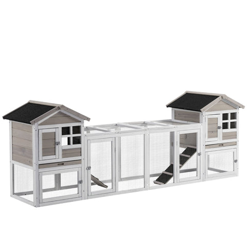 Rootz 2 in 1 Wooden Rabbit Hutch - Double Main House Guinea Pig Cage - Bunny Run - Small Animal House with Run Box - Slide-out Tray - Ramp - Grey - 259 x 64 x 92cm