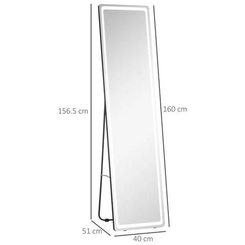 Rootz Schminkspiegel – Ganzkörperspiegel – freistehender 2-in-1-Spiegel mit LED-Licht – verstellbar – Aluminium/Glas – Silber/Schwarz – 40 cm x 51 cm x 156,5 cm