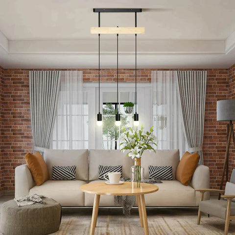 Rootz Pendant Light - Hanging Lamp - 3-lamp - Height-adjustable - Industrial Design - Metal + Wood - Black - 50L x 8W x 33H cm