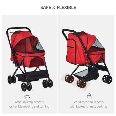 Rootz Dog Buggy - Dog Cart - Buggy for Small Dogs and Cats - Pet Cart - Pet Stroller - Cat Buggy - Oxford - Red - 76.5 x 52 x 95 cm