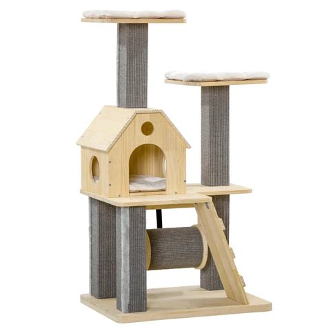 Rootz Scratching Post - Cat Roll - Cat Tree - Cat Climbing Tree - Cat Cave - Cat House - Pine Wood/Sisal/Plush - Natural/Grey - 70L x 50W x 125H cm